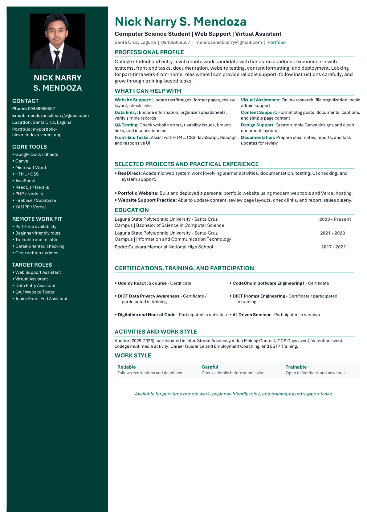 Nick Narry S. Mendoza resume preview